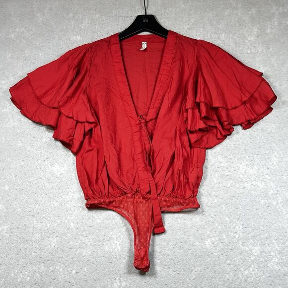 Intimately Free People Body Suit XS Red Dramatic Ruffle Thong V Neck Boho Top - Picture 1 of 10